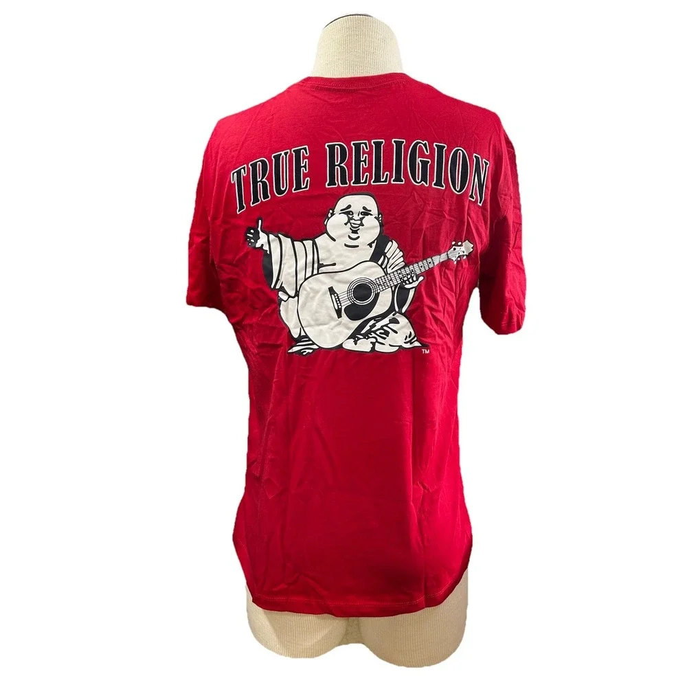 True Religion Mens Buddha Guitar Graphic T Shirt Red Large Crew Neck Tee